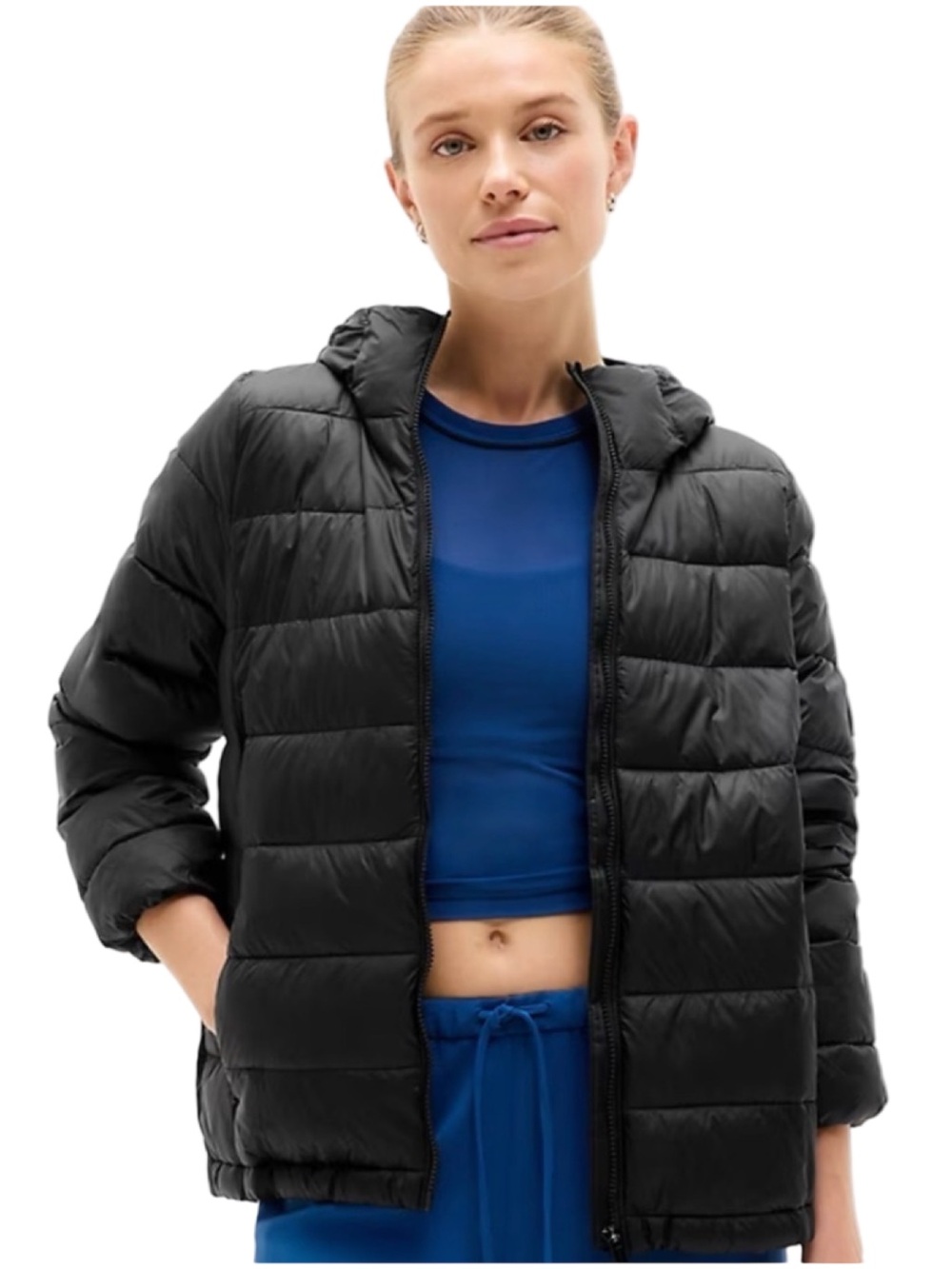 Athleta Aire Puffer Black Lightweight Packable Hooded Jacket Size M EUC - Picture 1 of 12